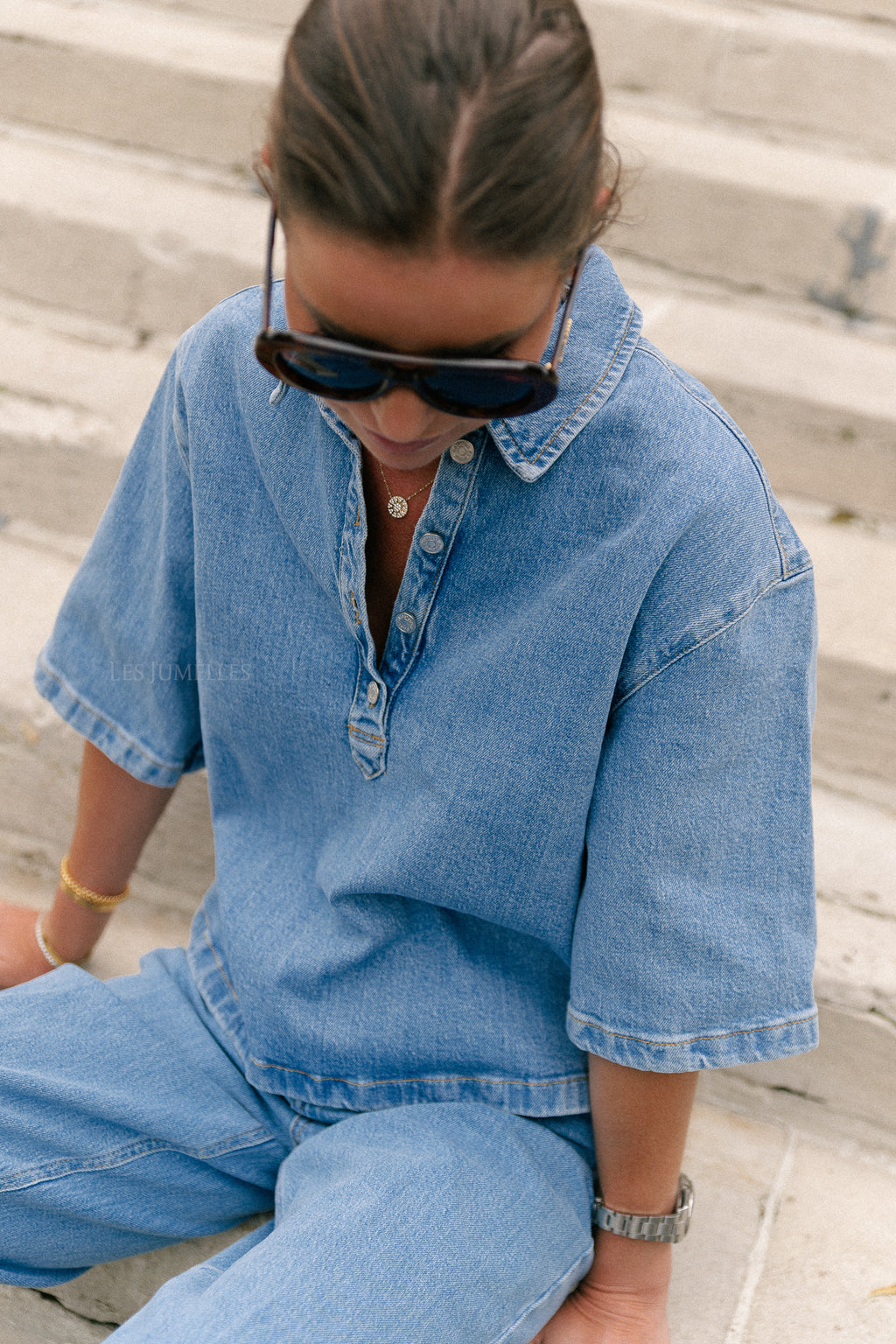 SLFLiva-Kori 2/4 boxi polo shirt light blue denim