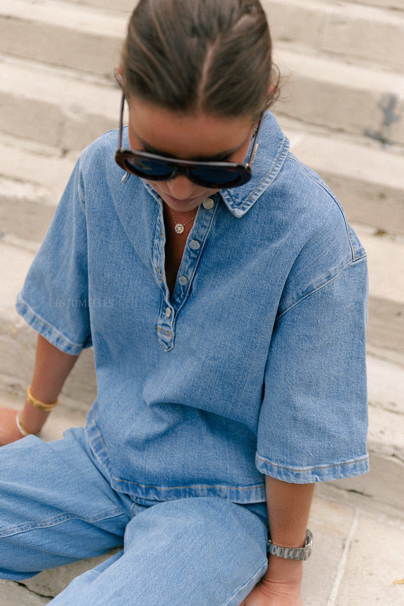 SLFLiva-Kori 2/4 boxi polo shirt light blue denim