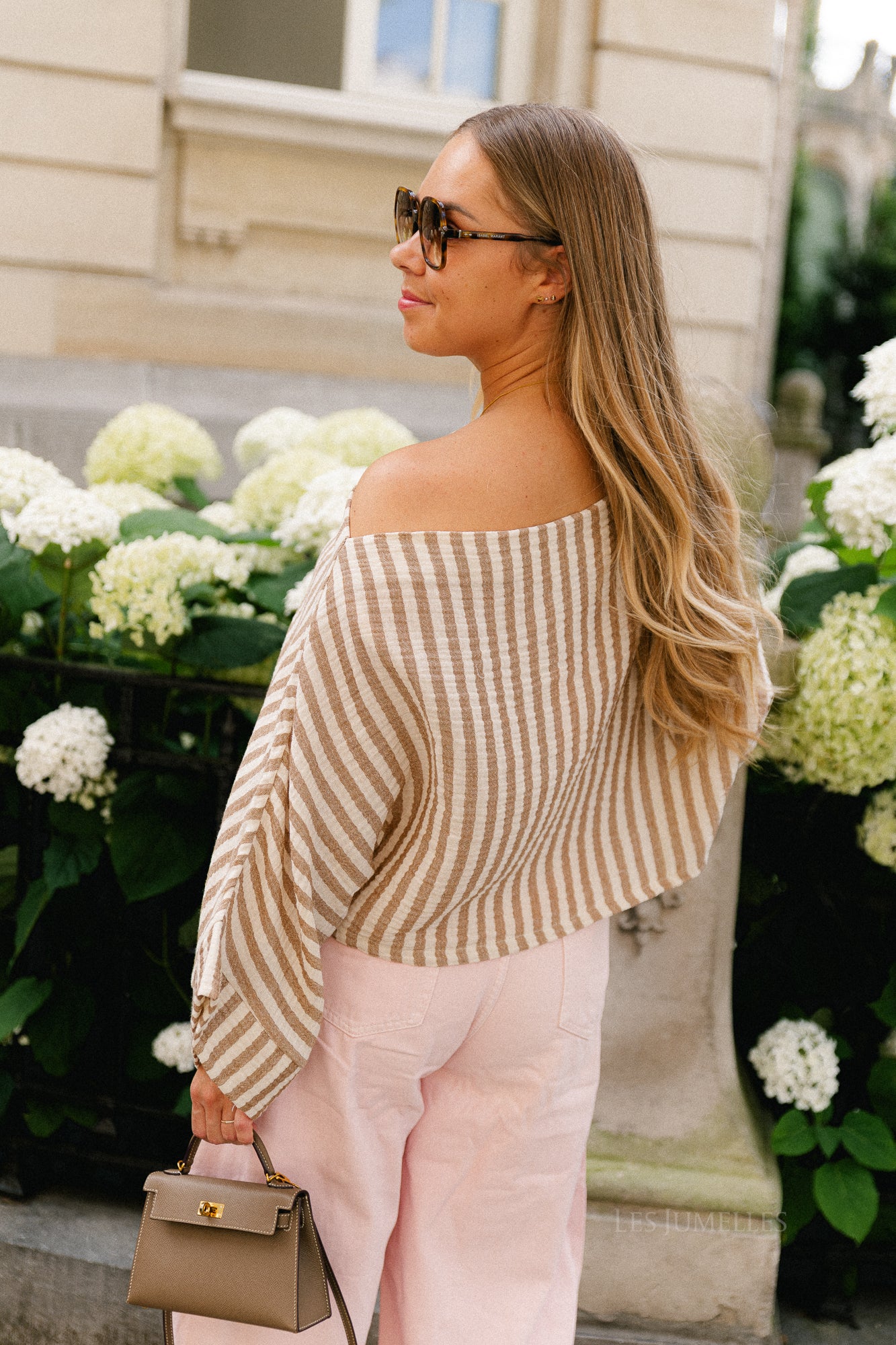 Maelys striped off-shoulder blouse ecru/tannin