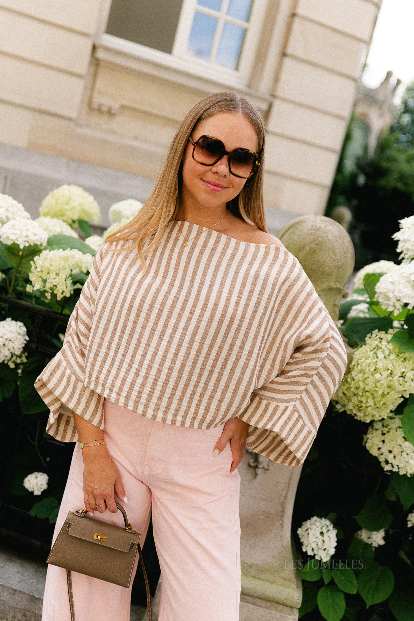 Maelys striped off-shoulder blouse ecru/tannin