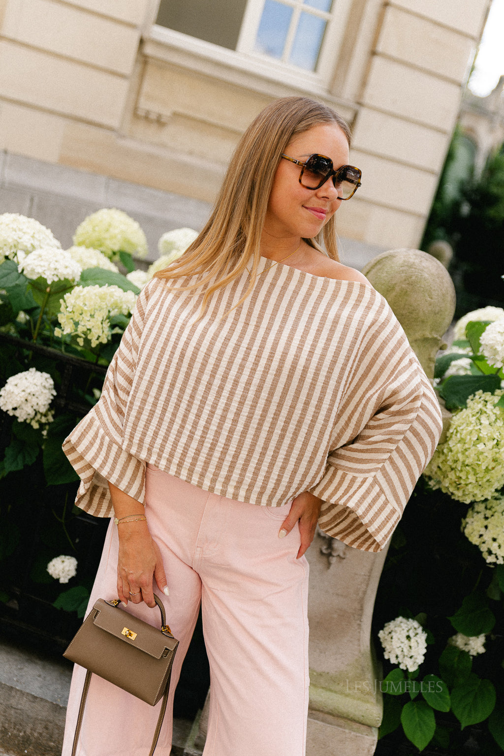 Maelys striped off-shoulder blouse ecru/tannin