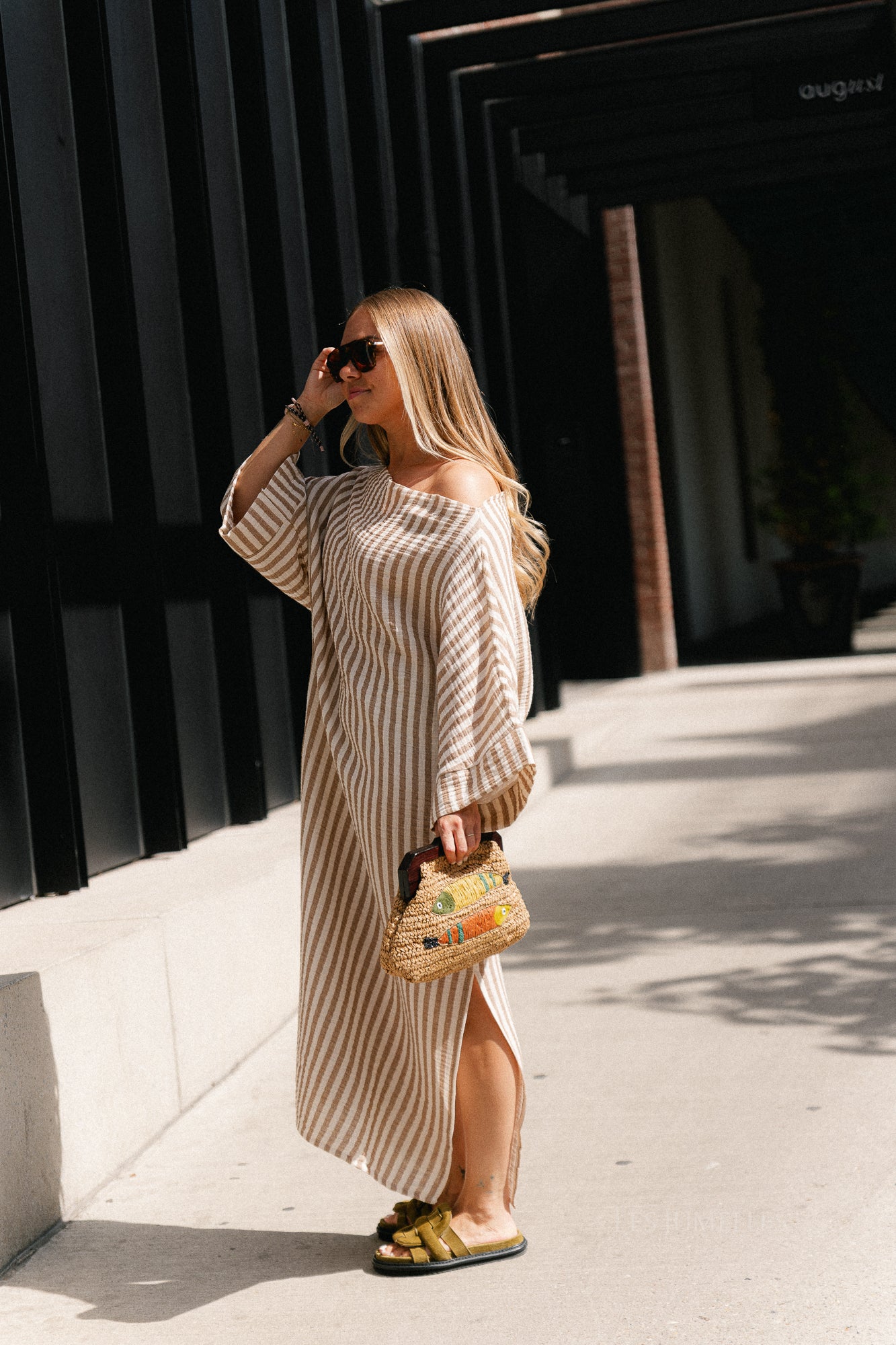 Maelys striped off-shoulder dress ecru/tannin