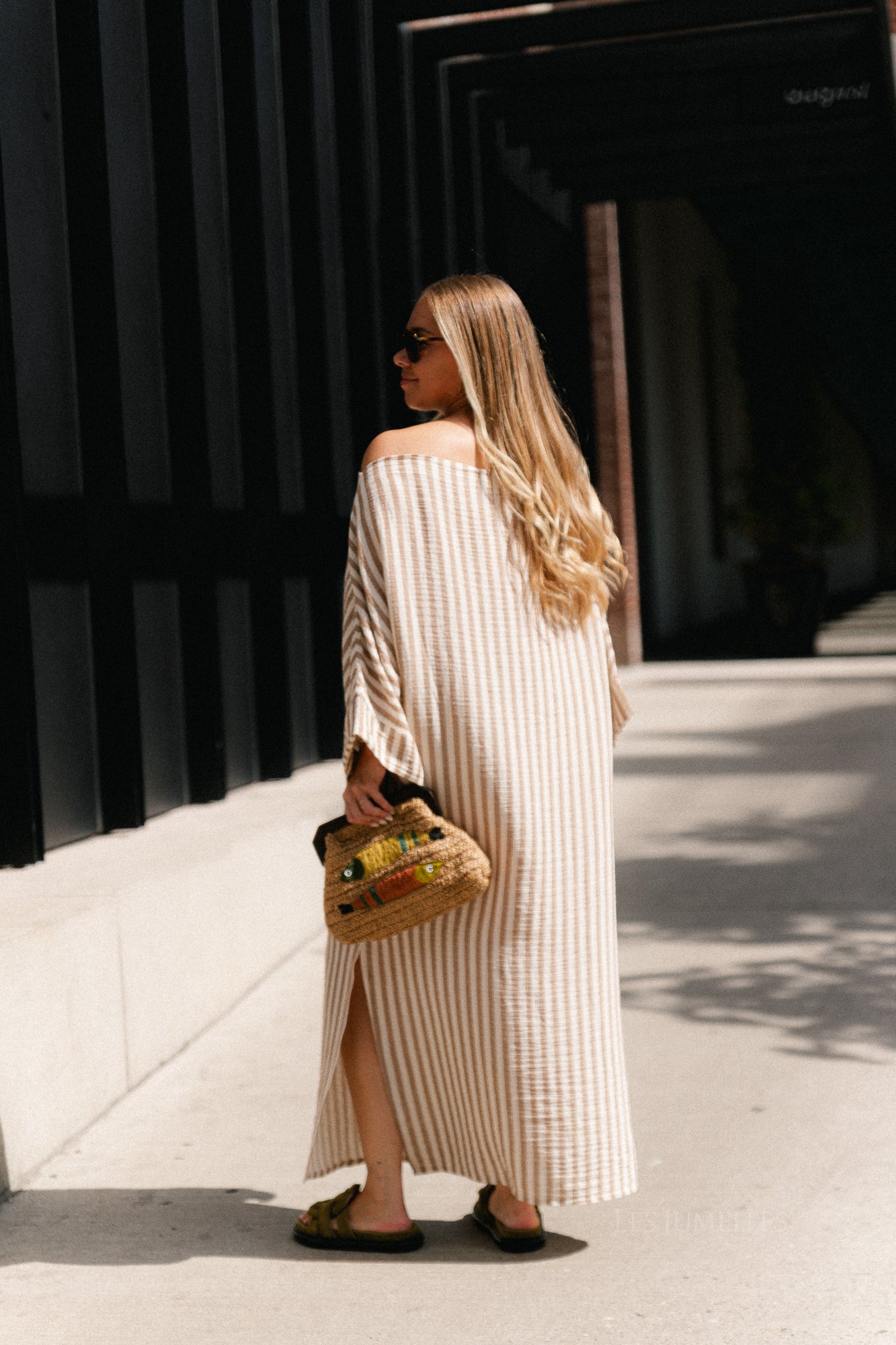Maelys striped off-shoulder dress ecru/tannin