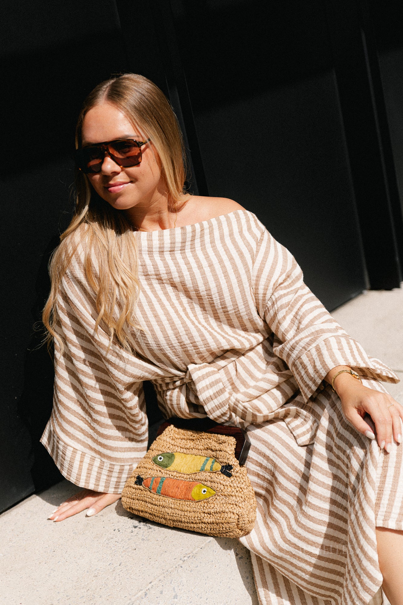Maelys striped off-shoulder dress ecru/tannin