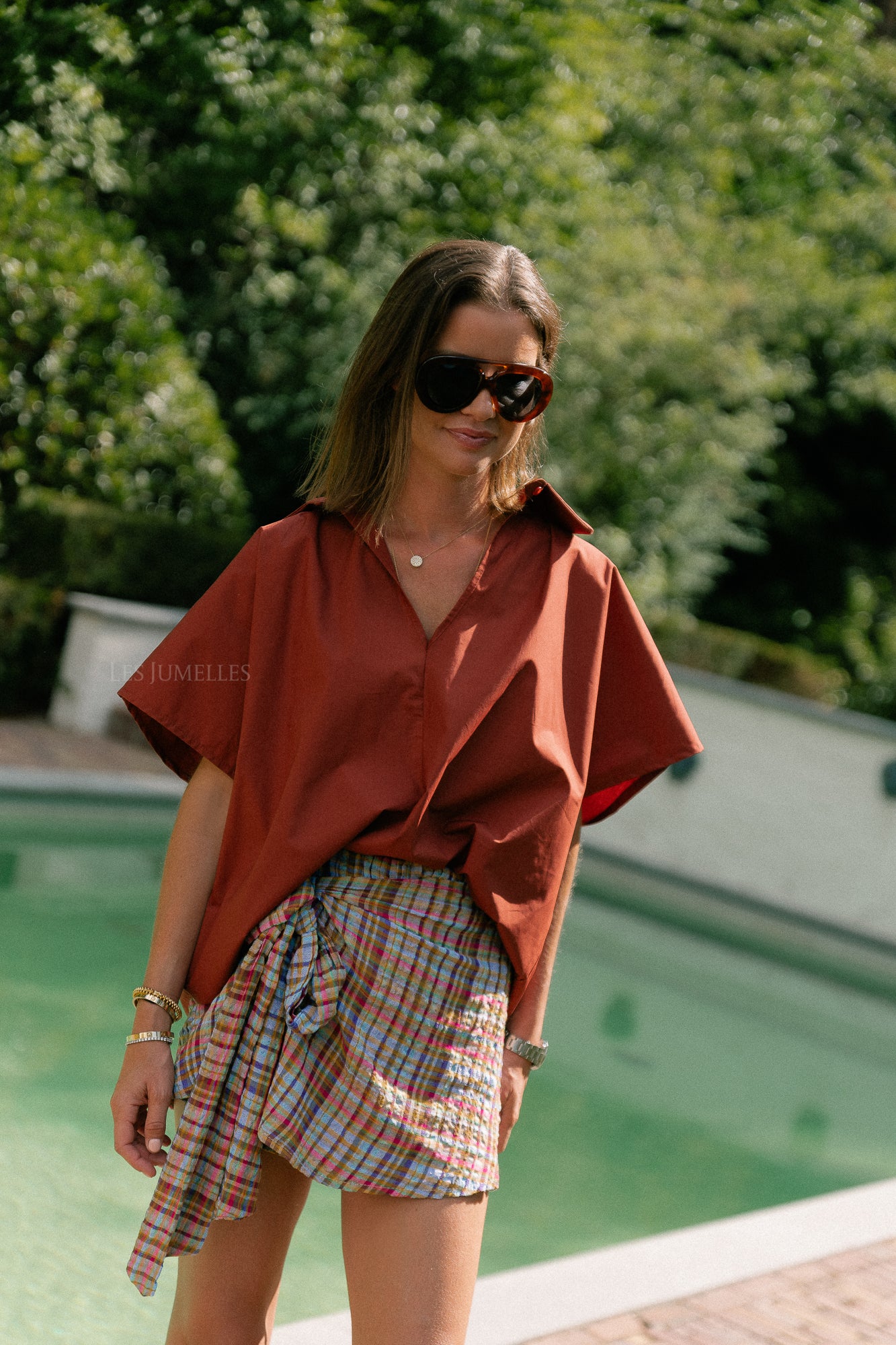 Piper open back blouse brick