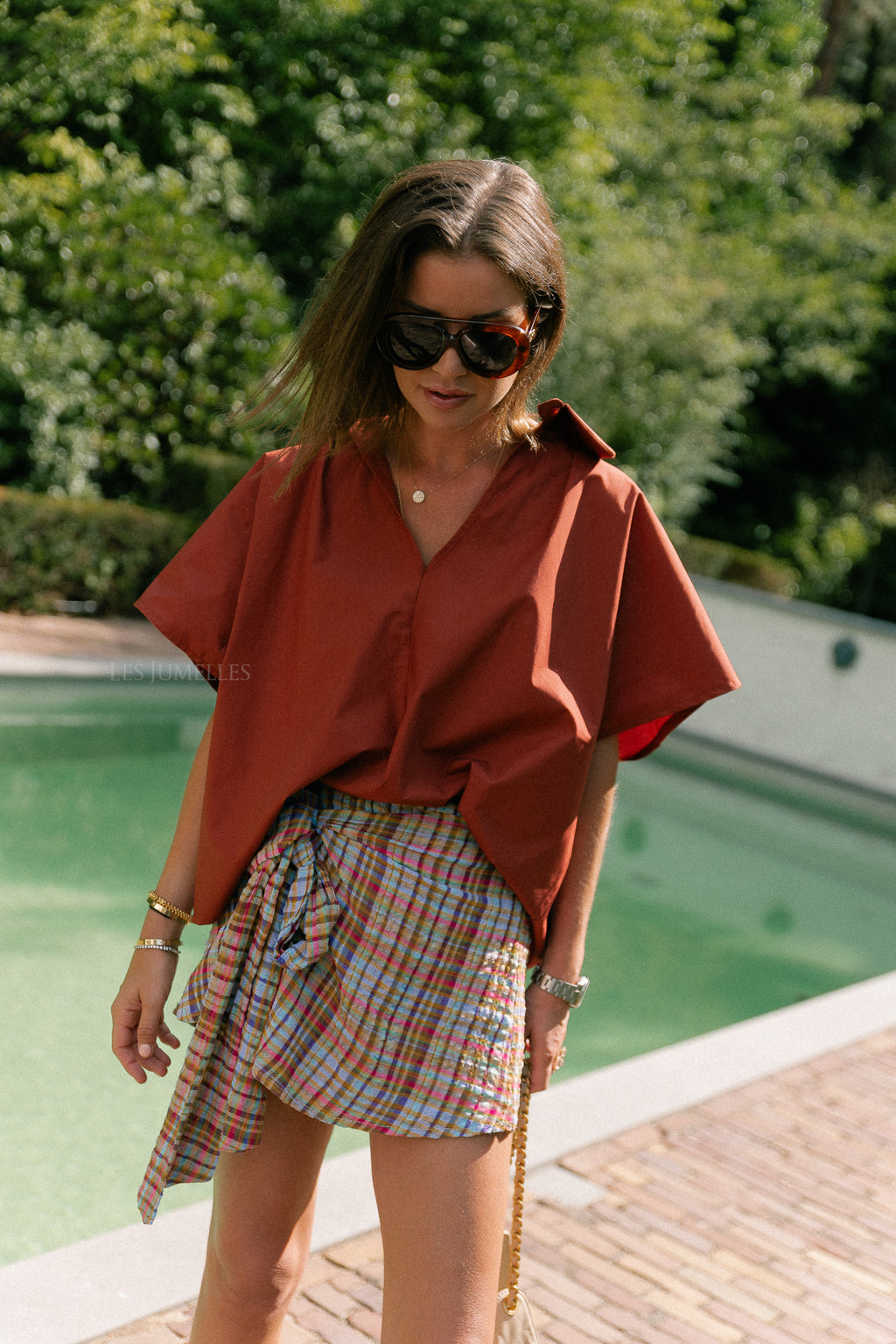 Piper open back blouse brick