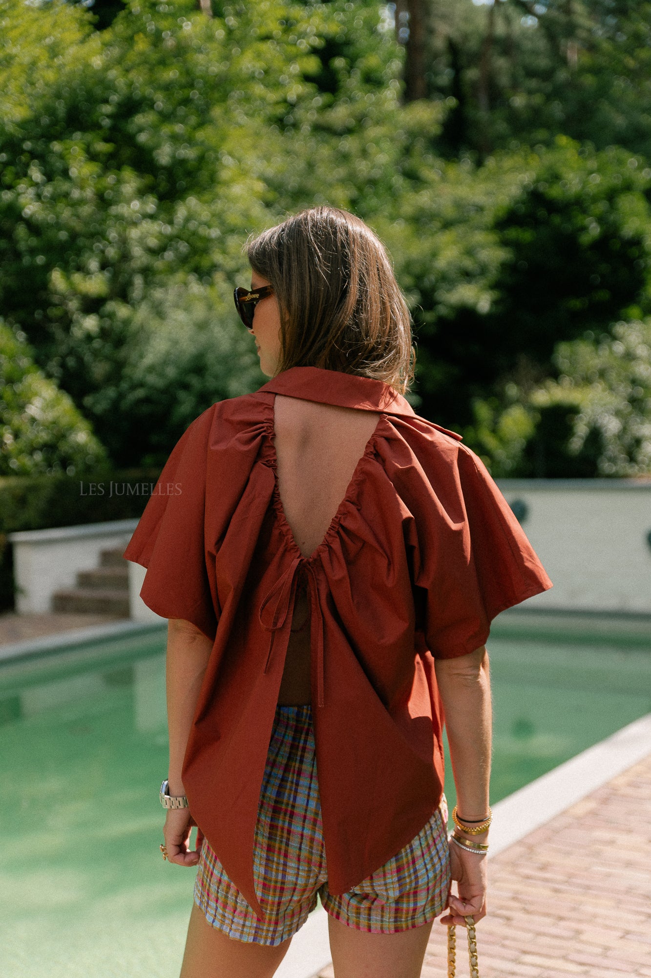 Piper open back blouse brick