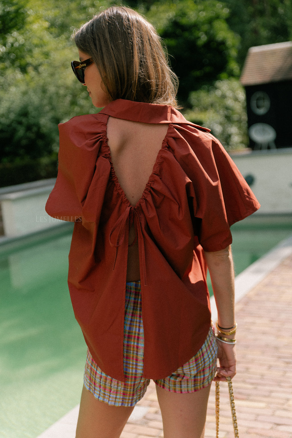 Piper open back blouse brick