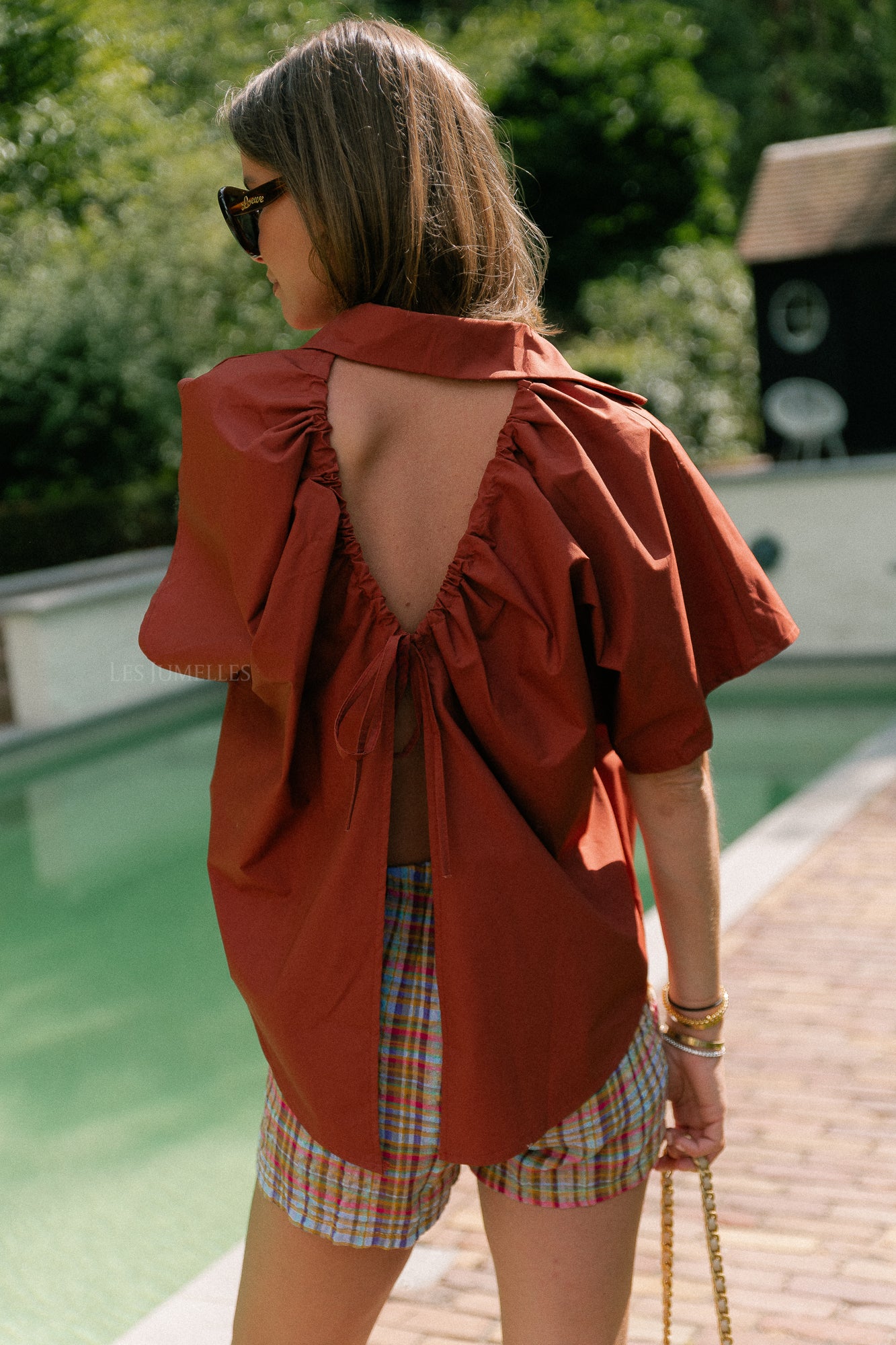 Piper open back blouse brick