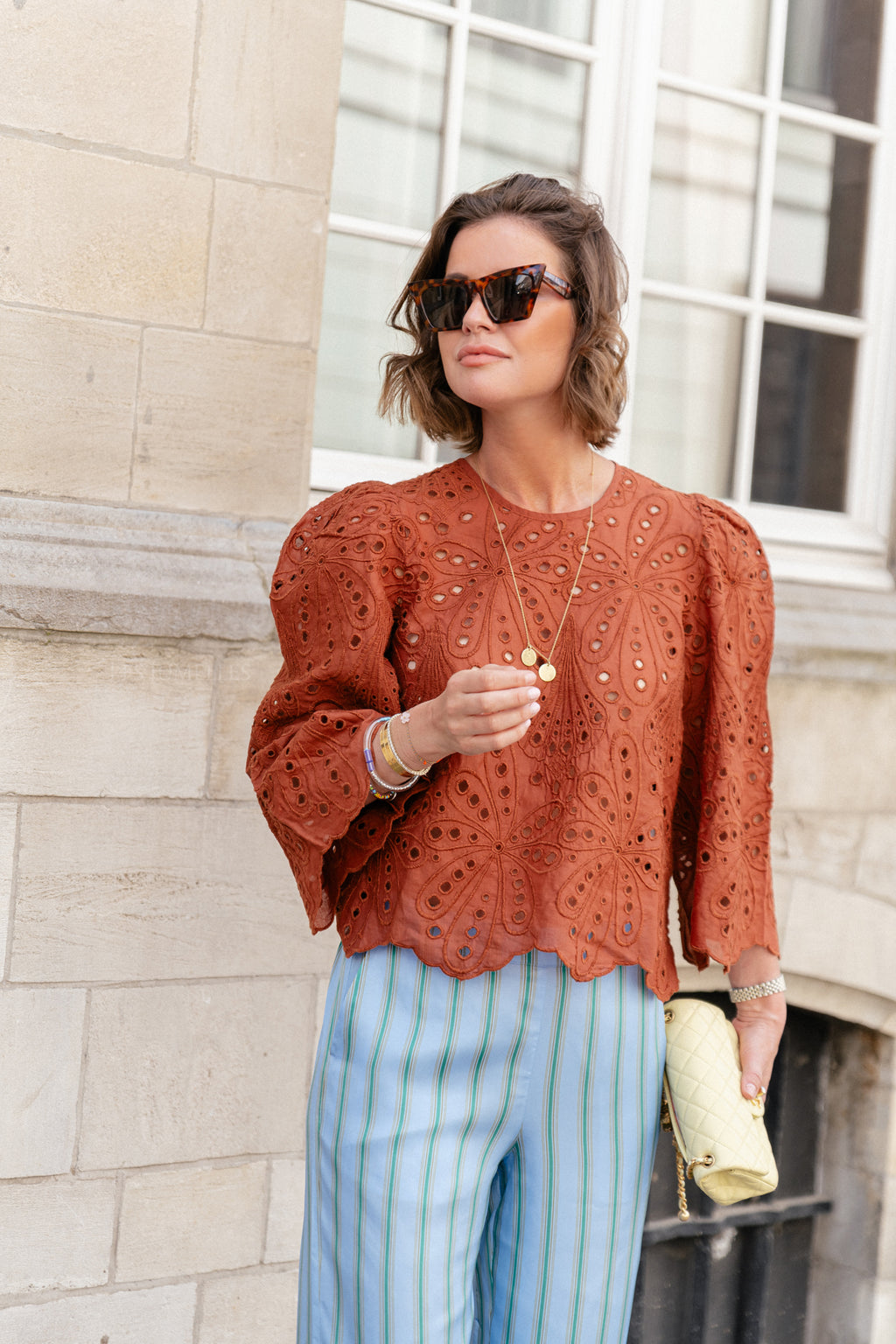 Crisp delicate embroidered cotton blouse brown