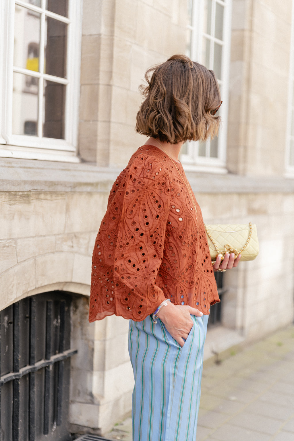 Crisp delicate embroidered cotton blouse brown