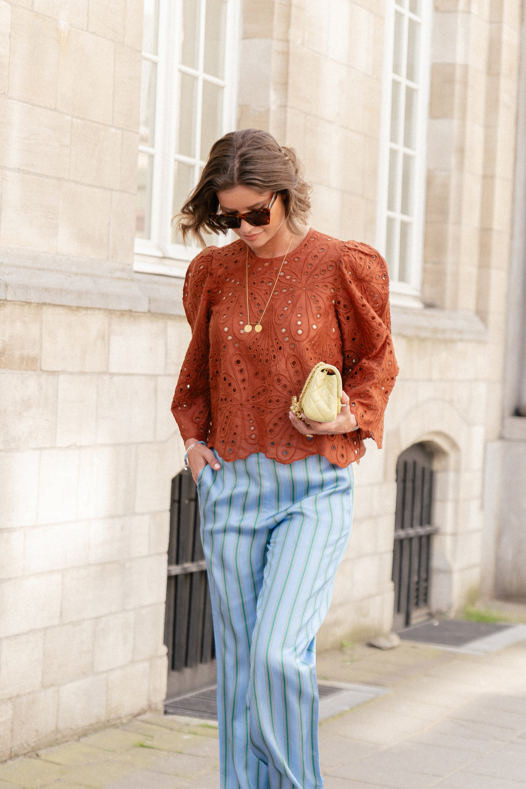Crisp delicate embroidered cotton blouse brown