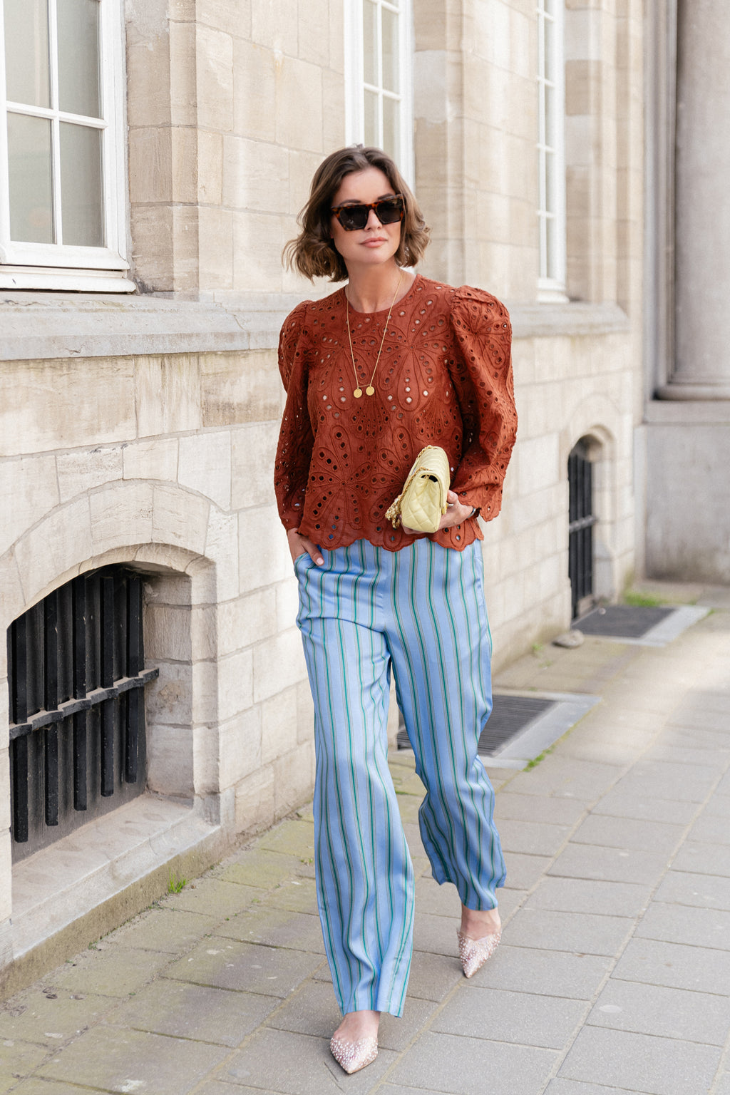 Crisp delicate embroidered cotton blouse brown