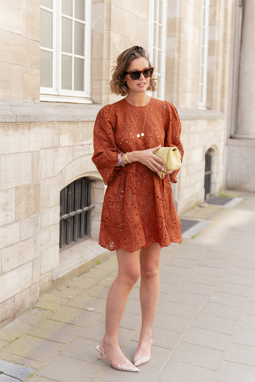 Crisp delicate embroidered cotton dress brown