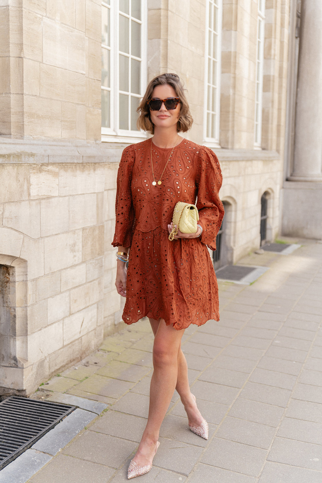 Crisp delicate embroidered cotton dress brown