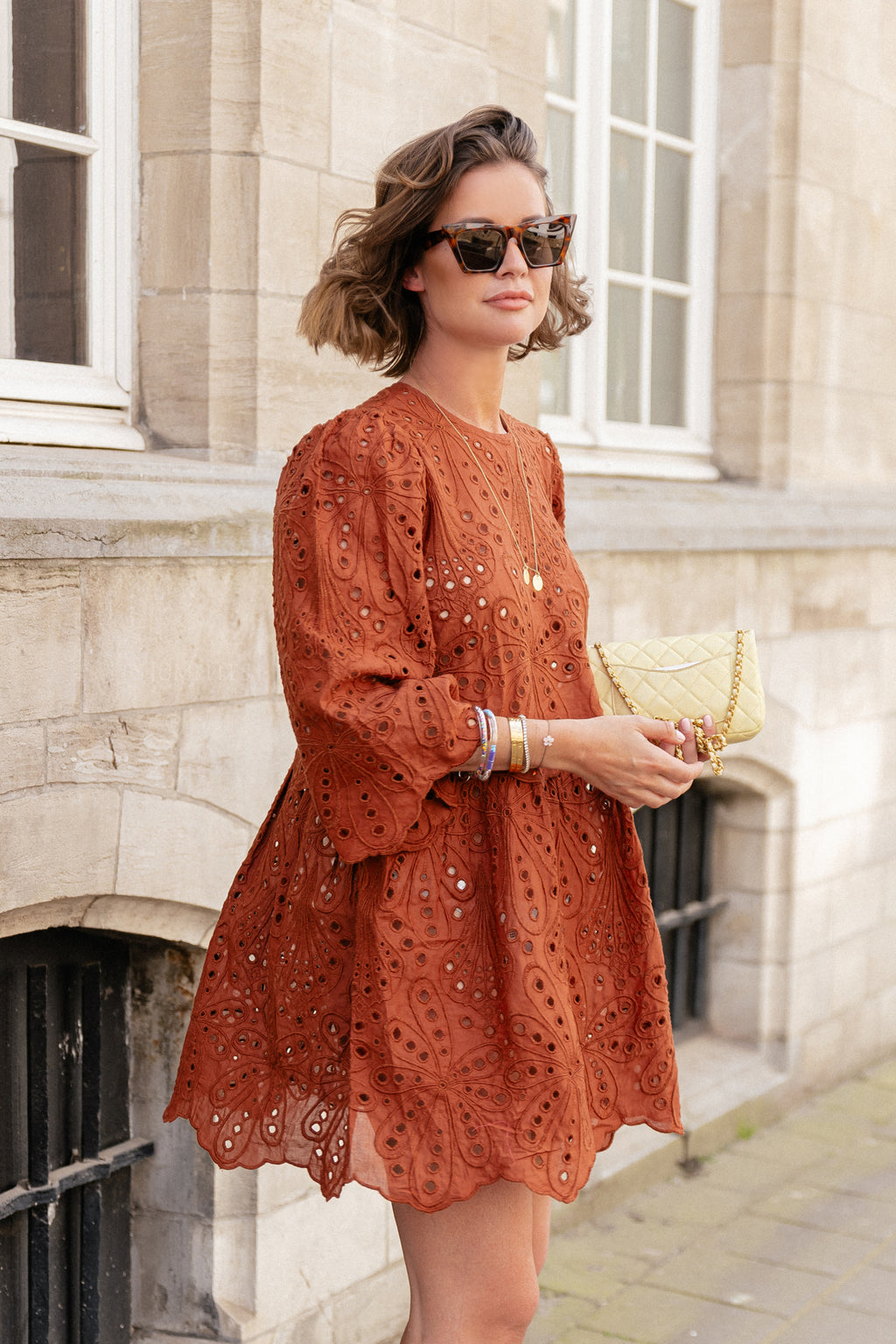 Crisp delicate embroidered cotton dress brown