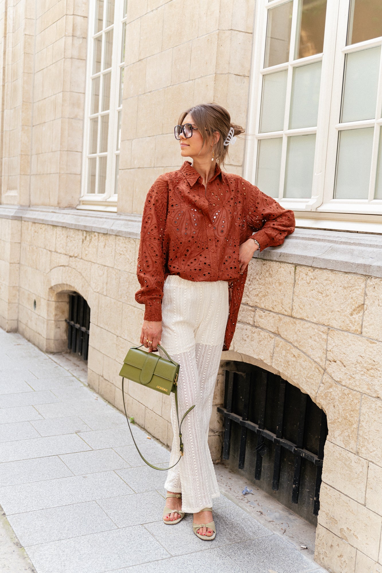 Crisp delicate embroidered cotton shirt brown