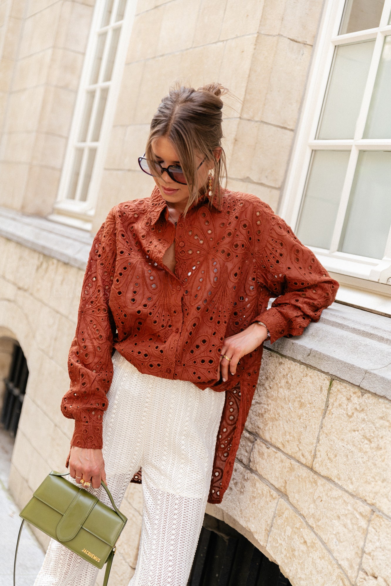 Crisp delicate embroidered cotton shirt brown