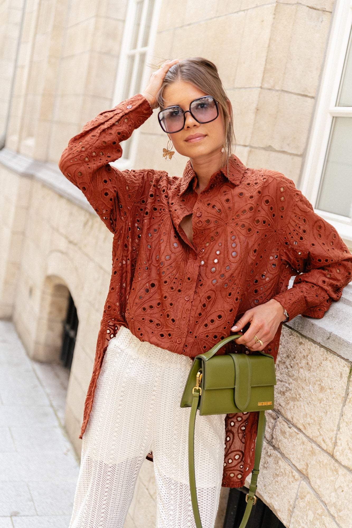 Crisp delicate embroidered cotton shirt brown