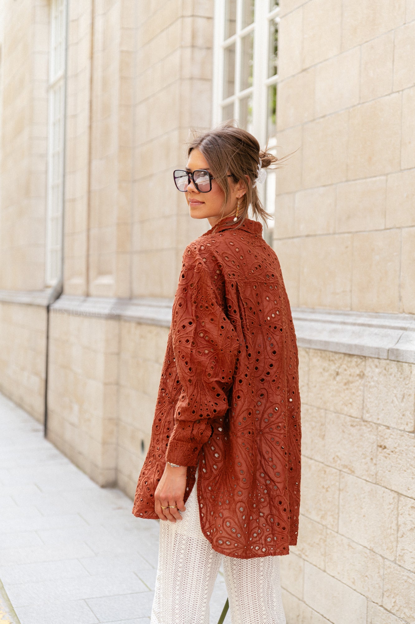 Crisp delicate embroidered cotton shirt brown