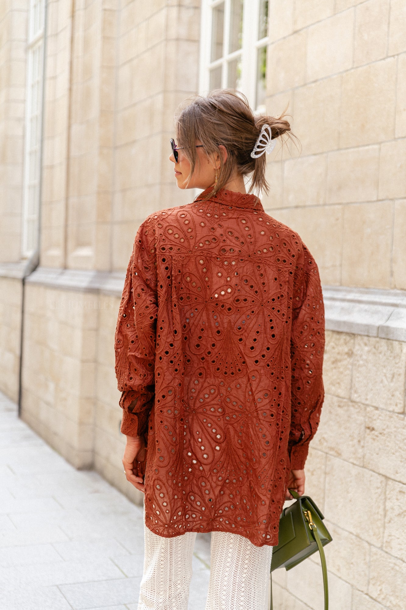 Crisp delicate embroidered cotton shirt brown