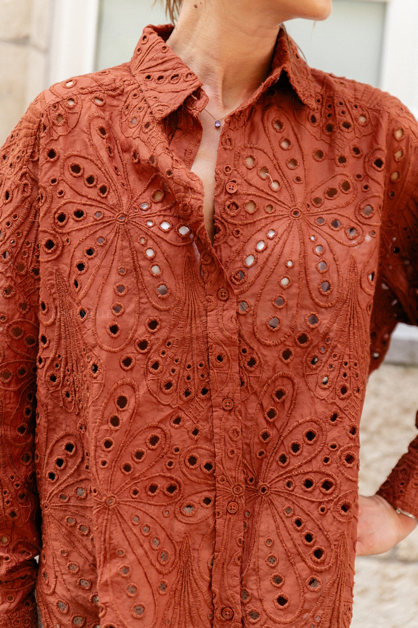 Crisp delicate embroidered cotton shirt brown
