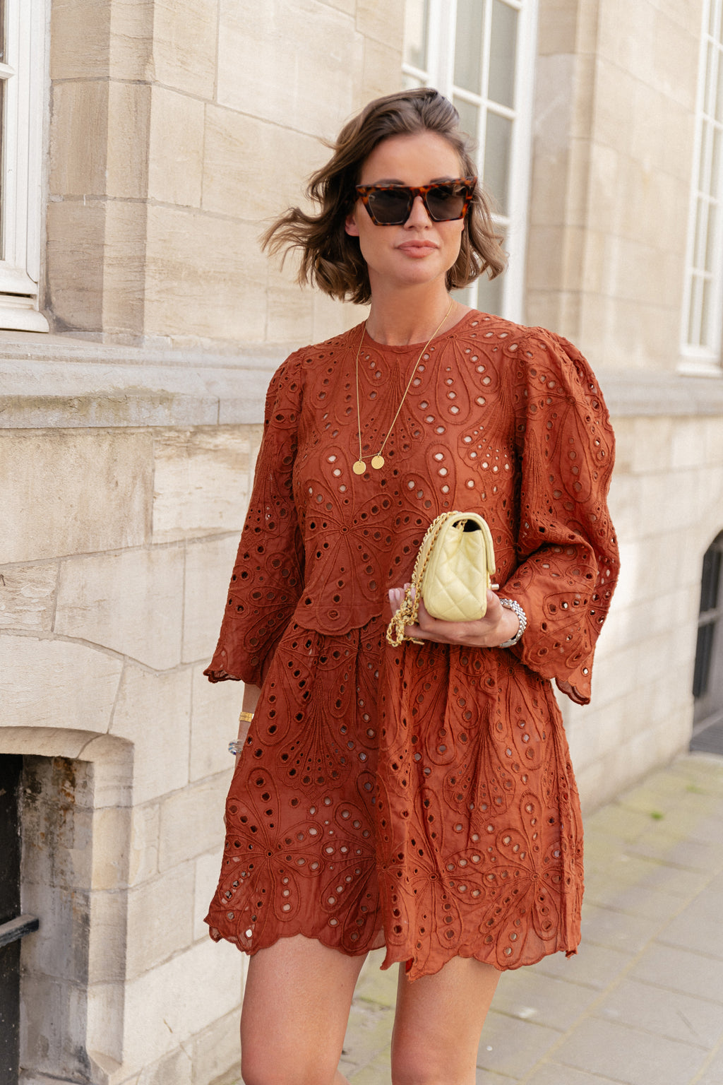 Crisp delicate embroidered cotton dress brown