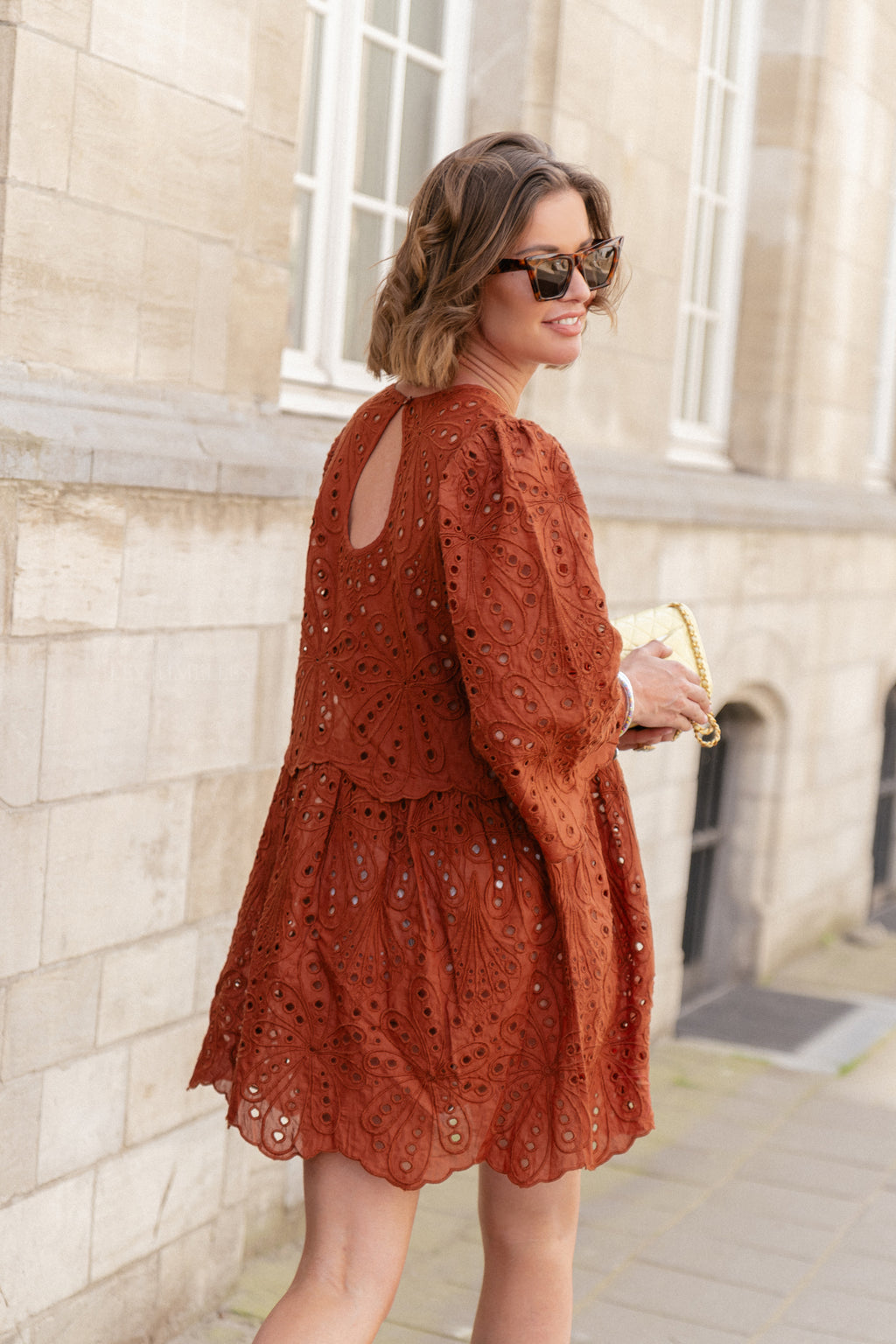 Crisp delicate embroidered cotton dress brown