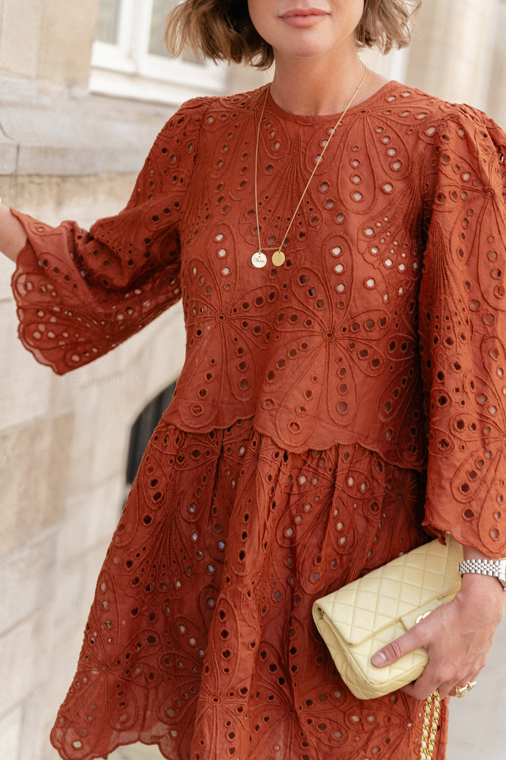 Crisp delicate embroidered cotton dress brown
