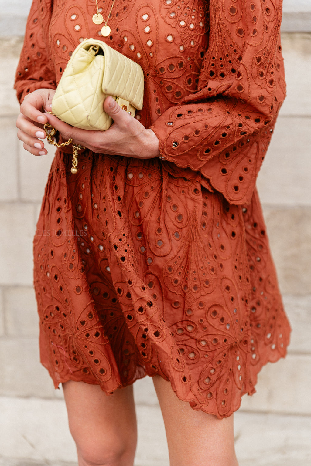 Crisp delicate embroidered cotton dress brown