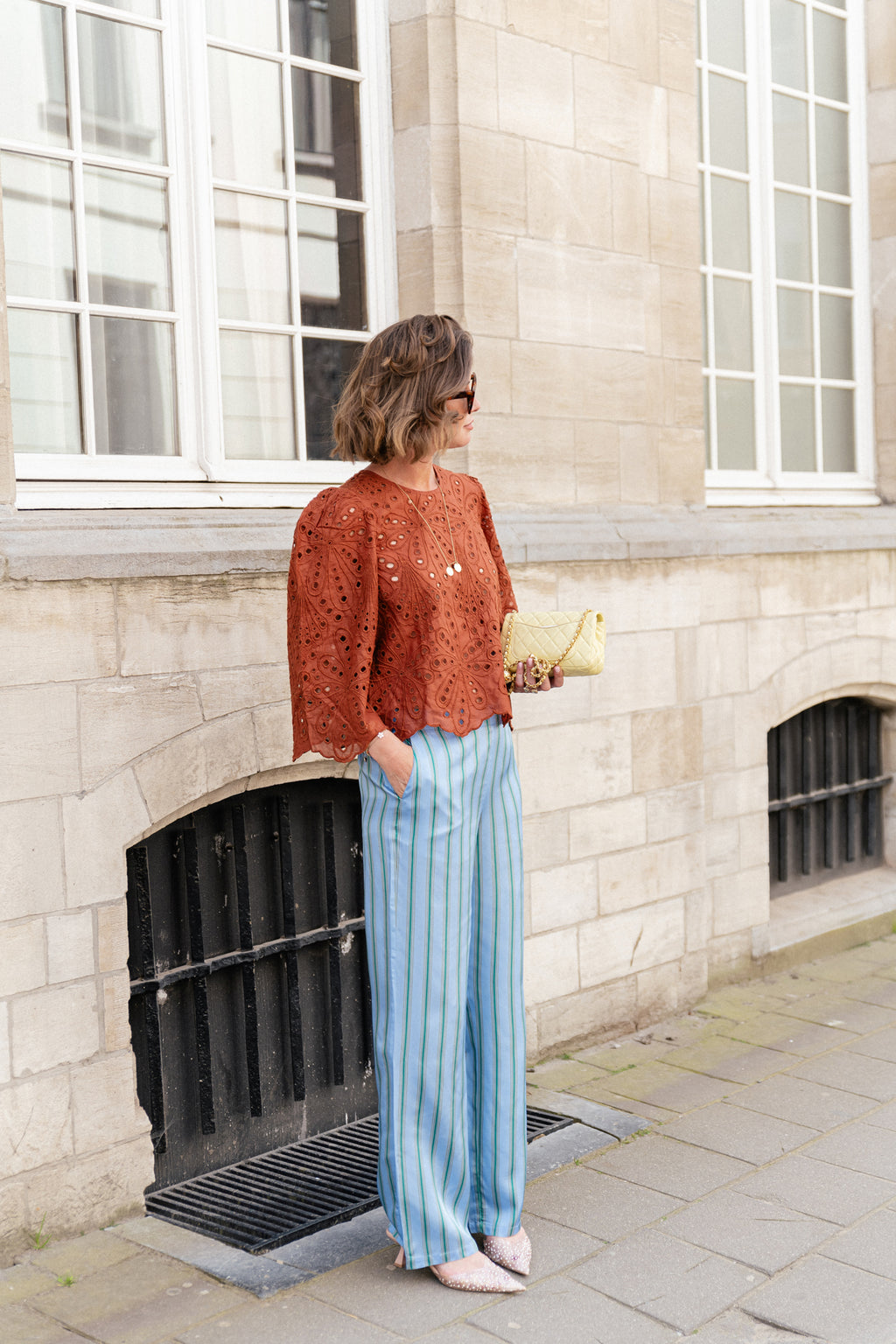 Crisp delicate embroidered cotton blouse brown