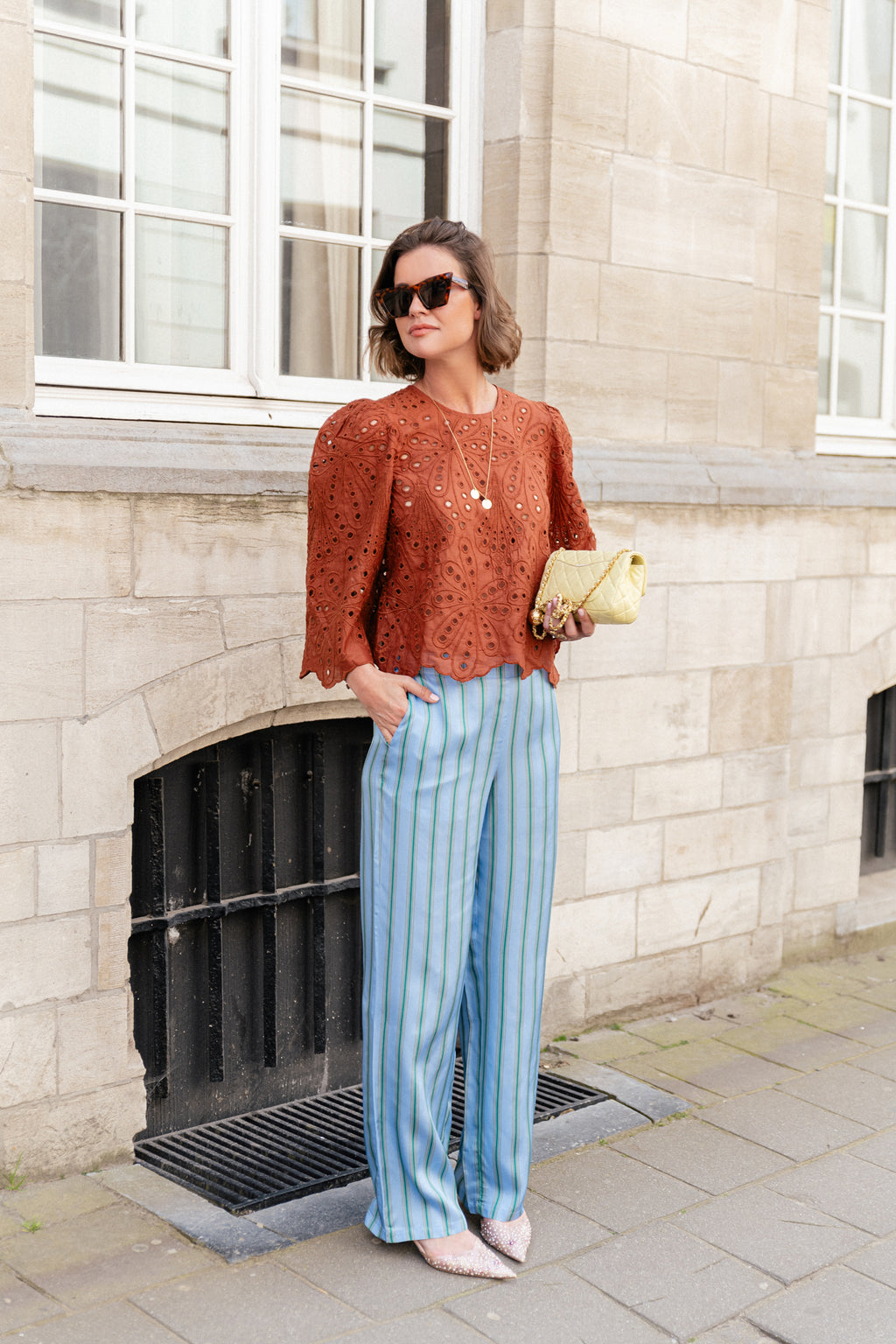 Crisp delicate embroidered cotton blouse brown