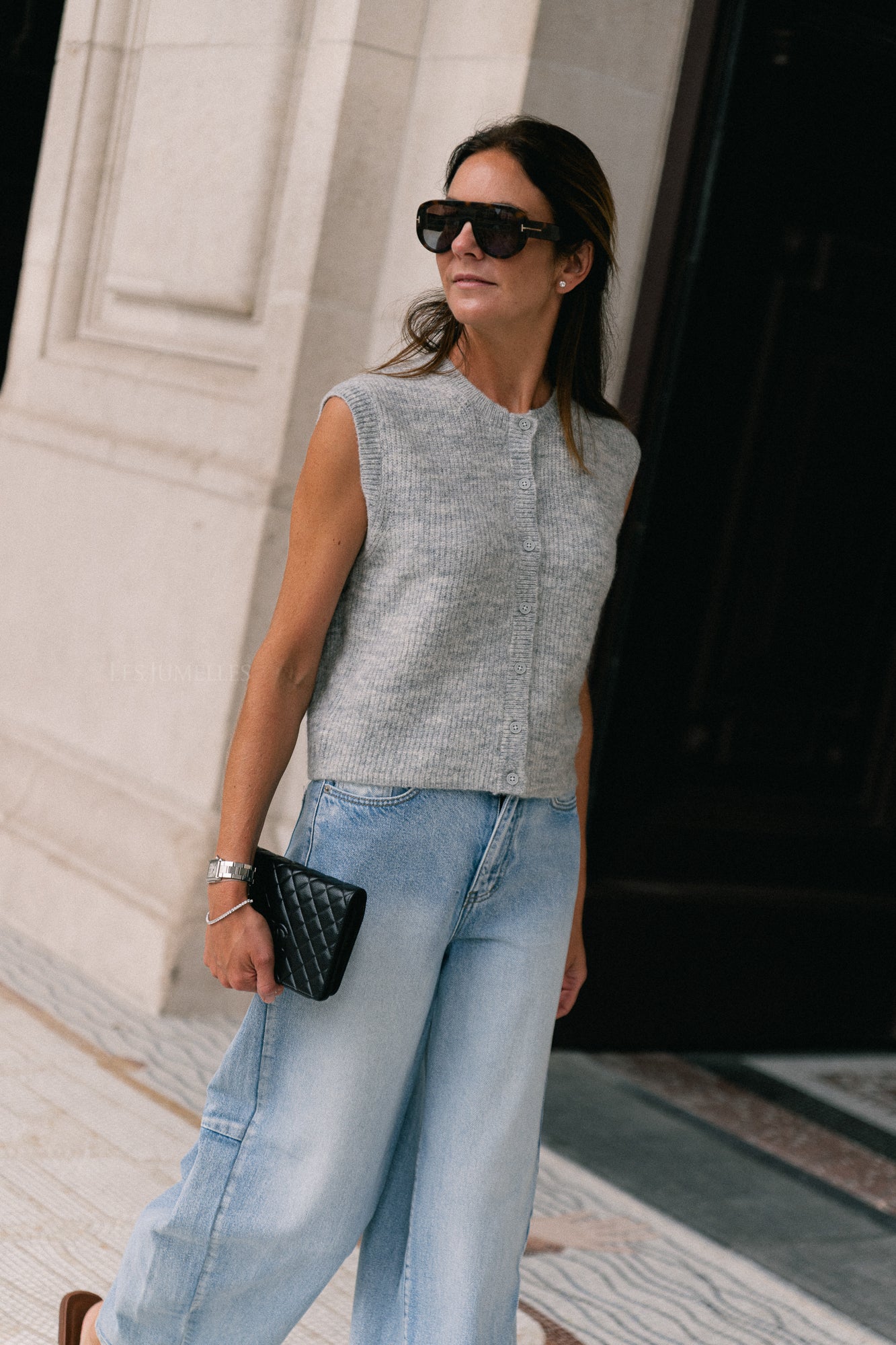 Gilet col rond boutonné SLFLulu SL gris clair chiné
