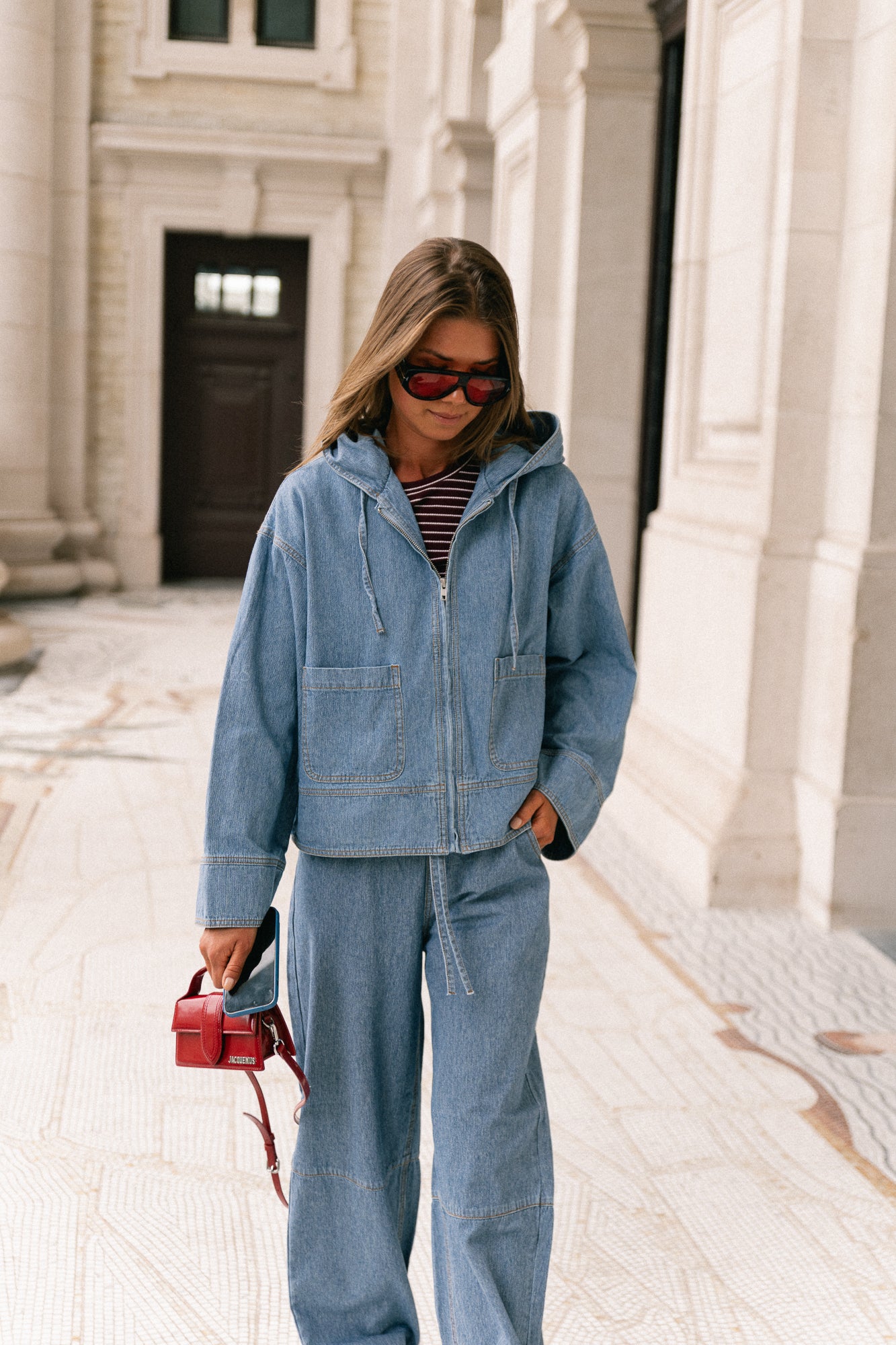 OBJRaly denim 3/4 sleeve hoodie light blue denim