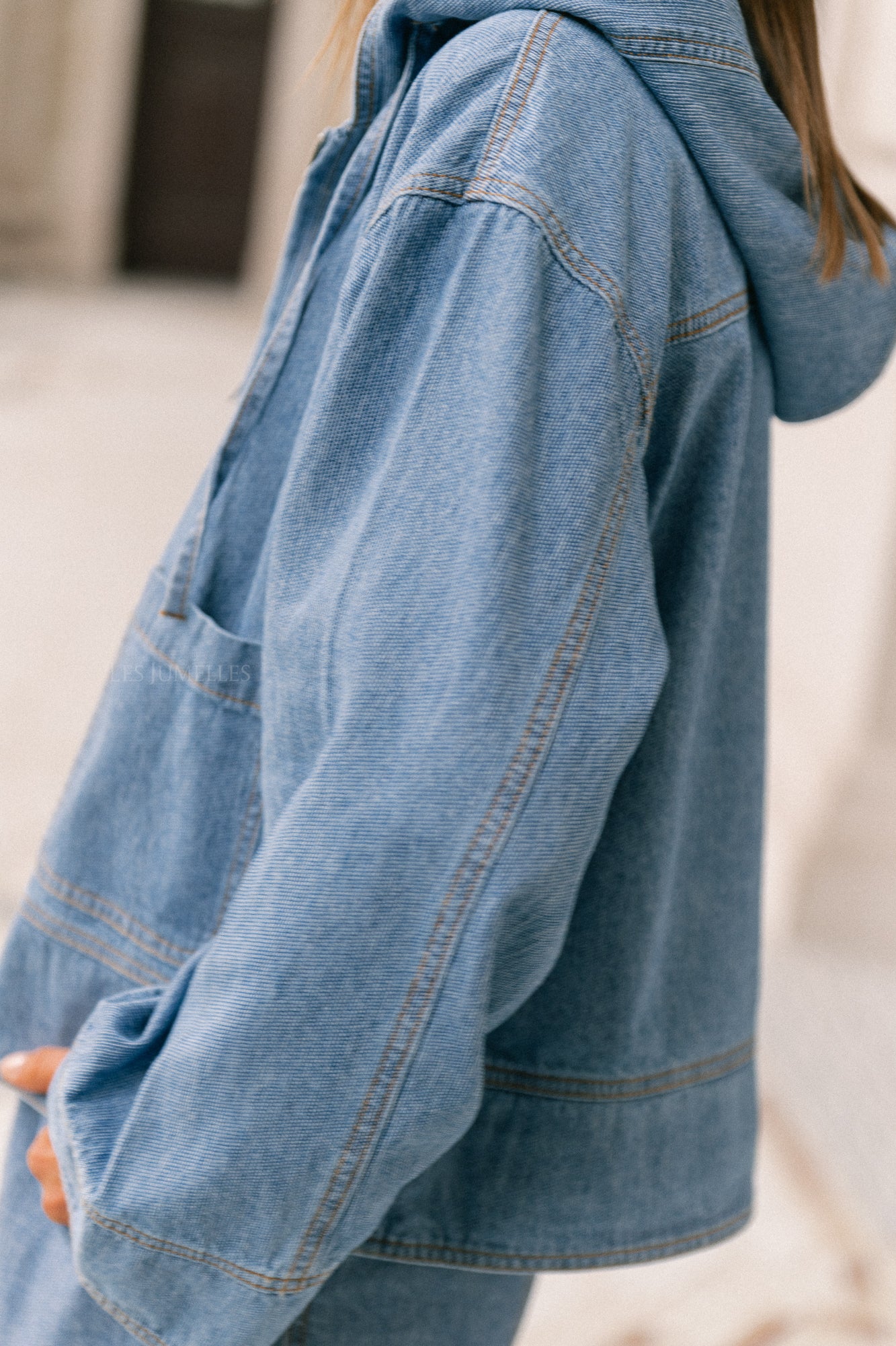OBJRaly denim 3/4 sleeve hoodie light blue denim