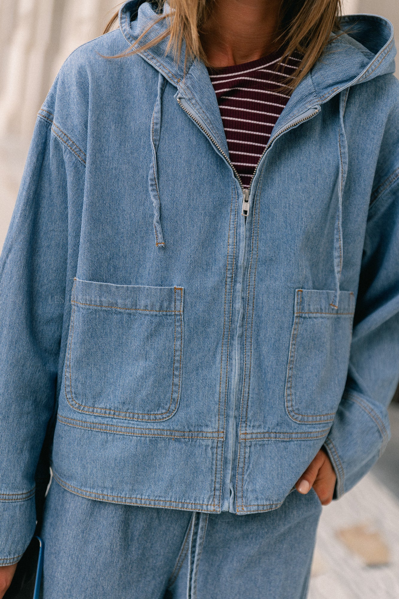 OBJRaly denim 3/4 sleeve hoodie light blue denim
