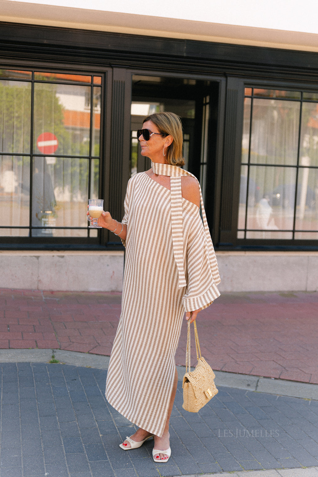 Maelys striped off-shoulder dress ecru/tannin