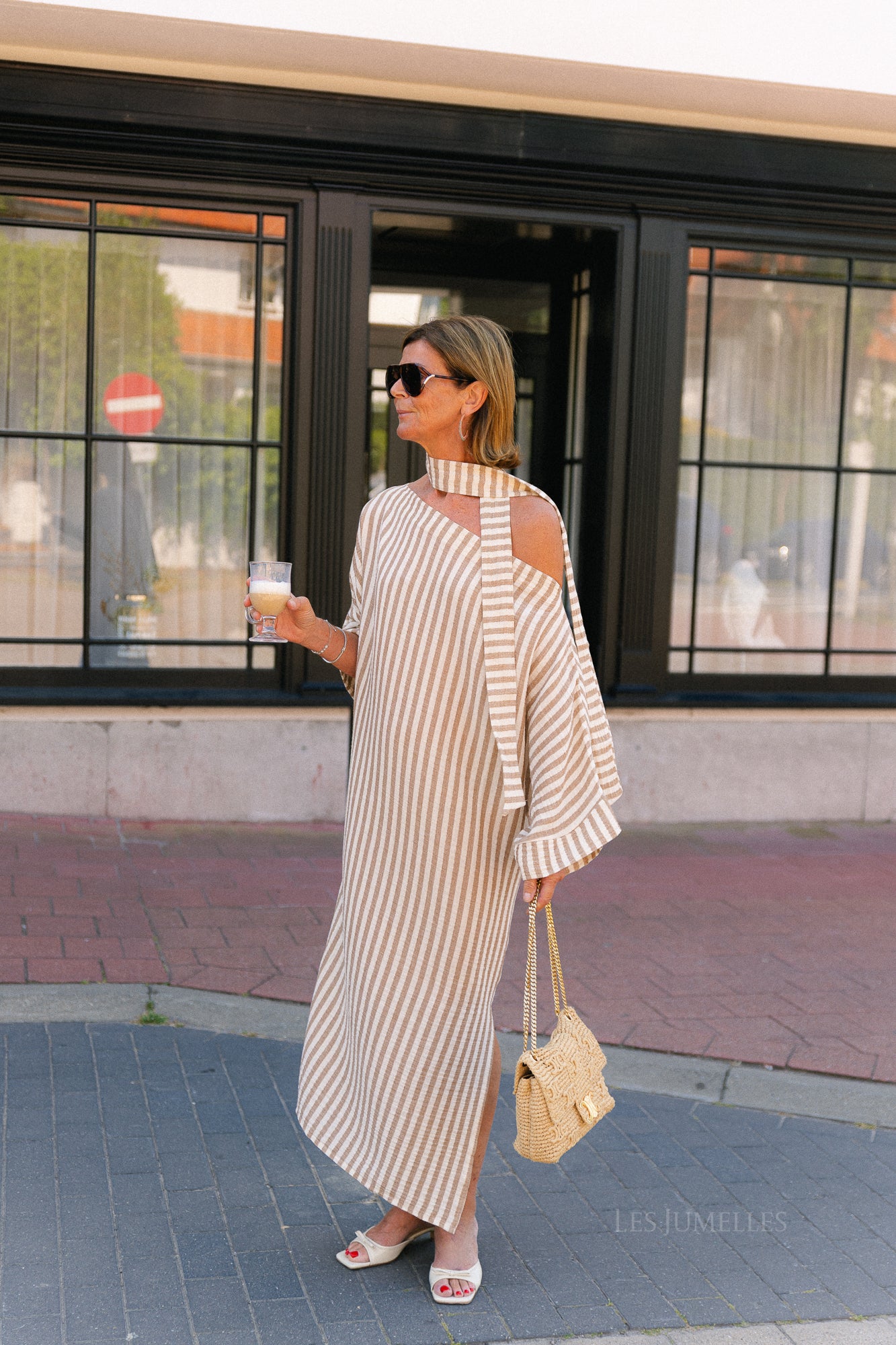 Maelys striped off-shoulder dress ecru/tannin