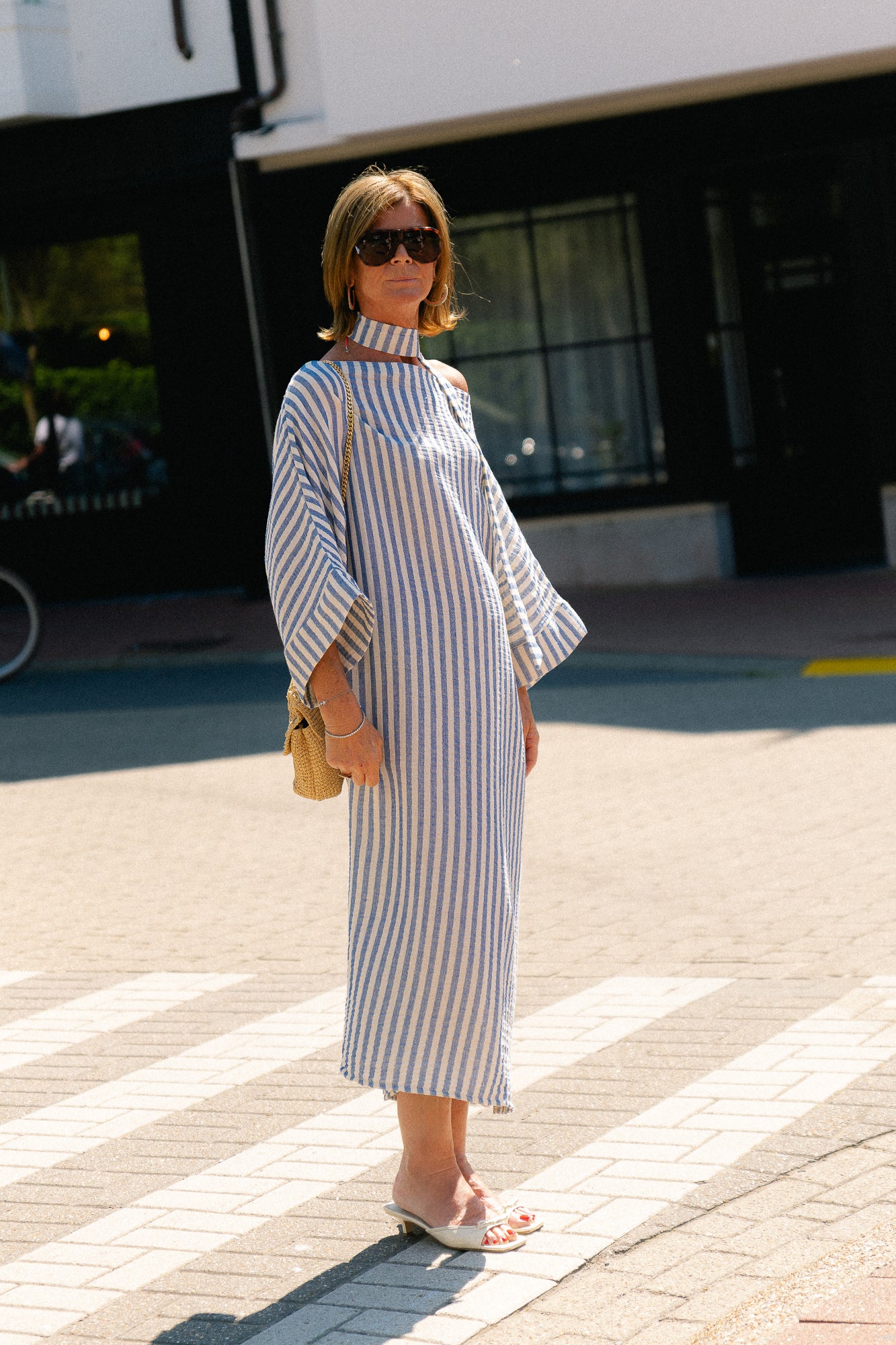 Maelys striped off-shoulder dress ecru/blue