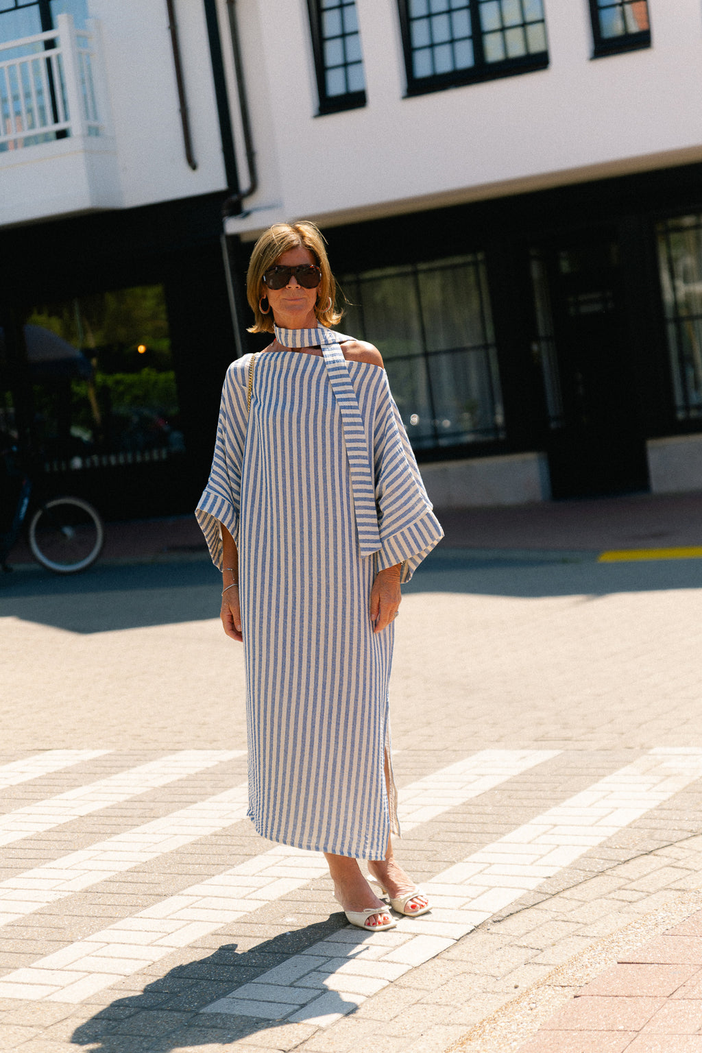 Maelys striped off-shoulder dress ecru/blue