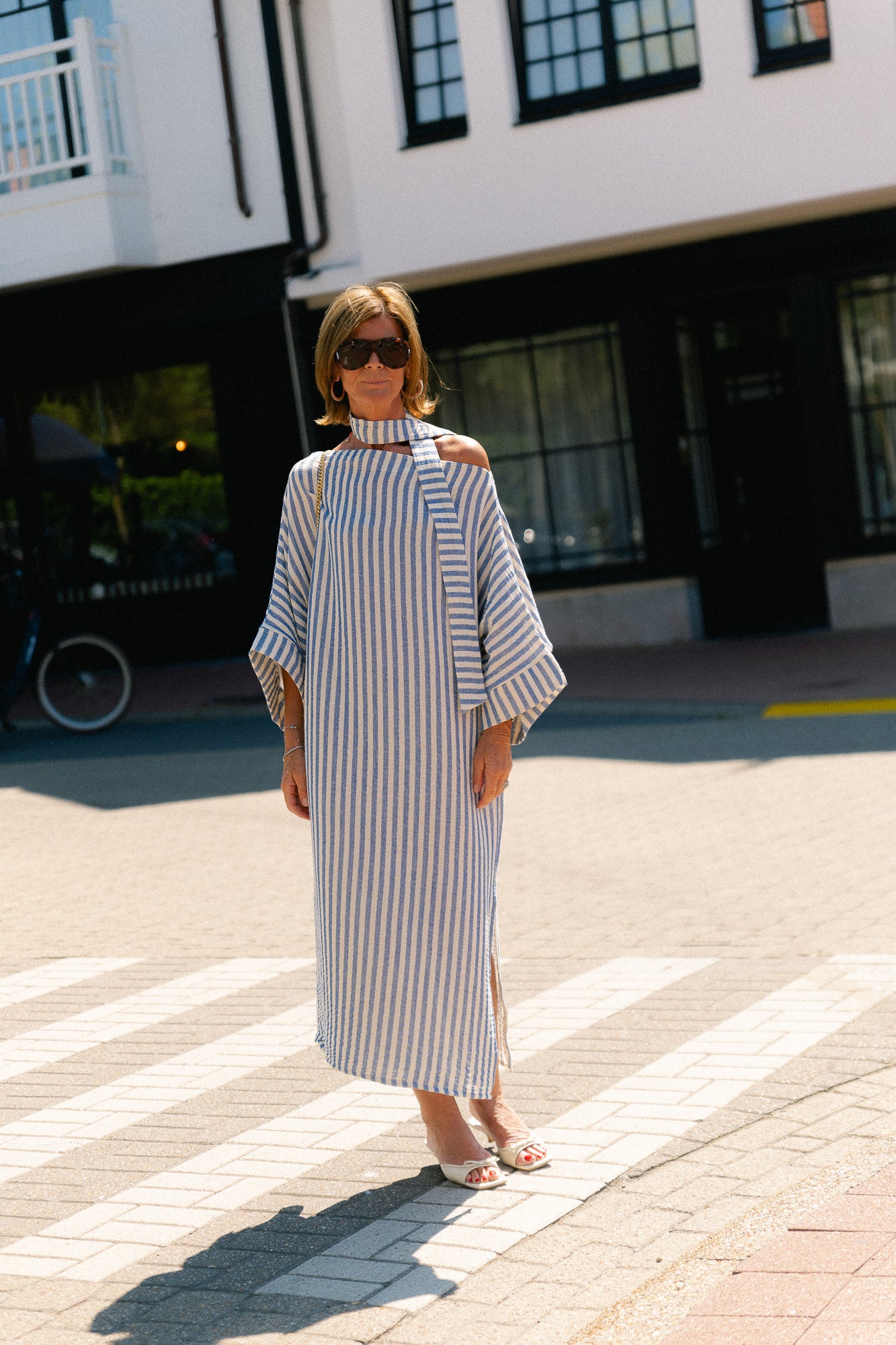 Maelys striped off-shoulder dress ecru/blue