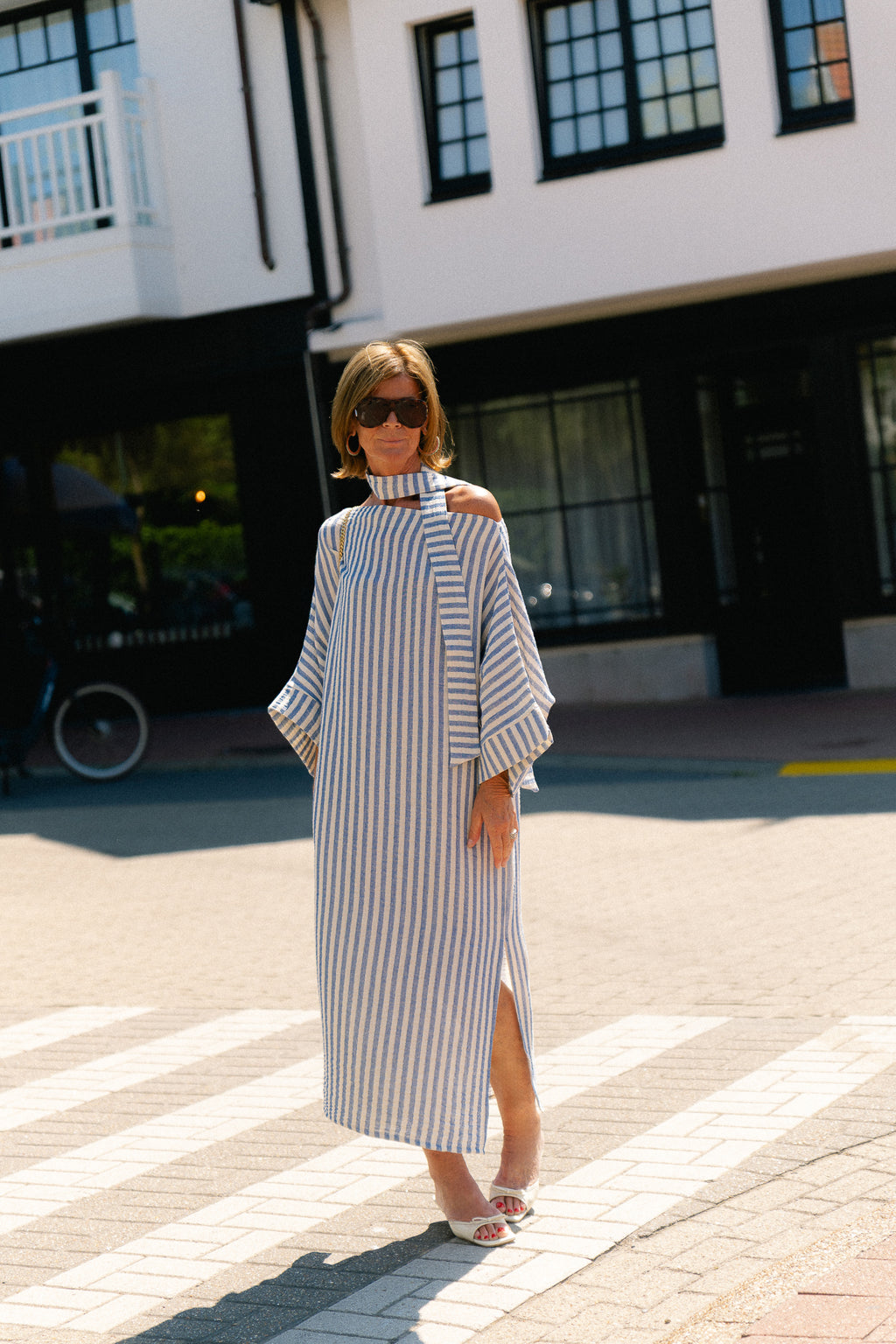 Maelys striped off-shoulder dress ecru/blue
