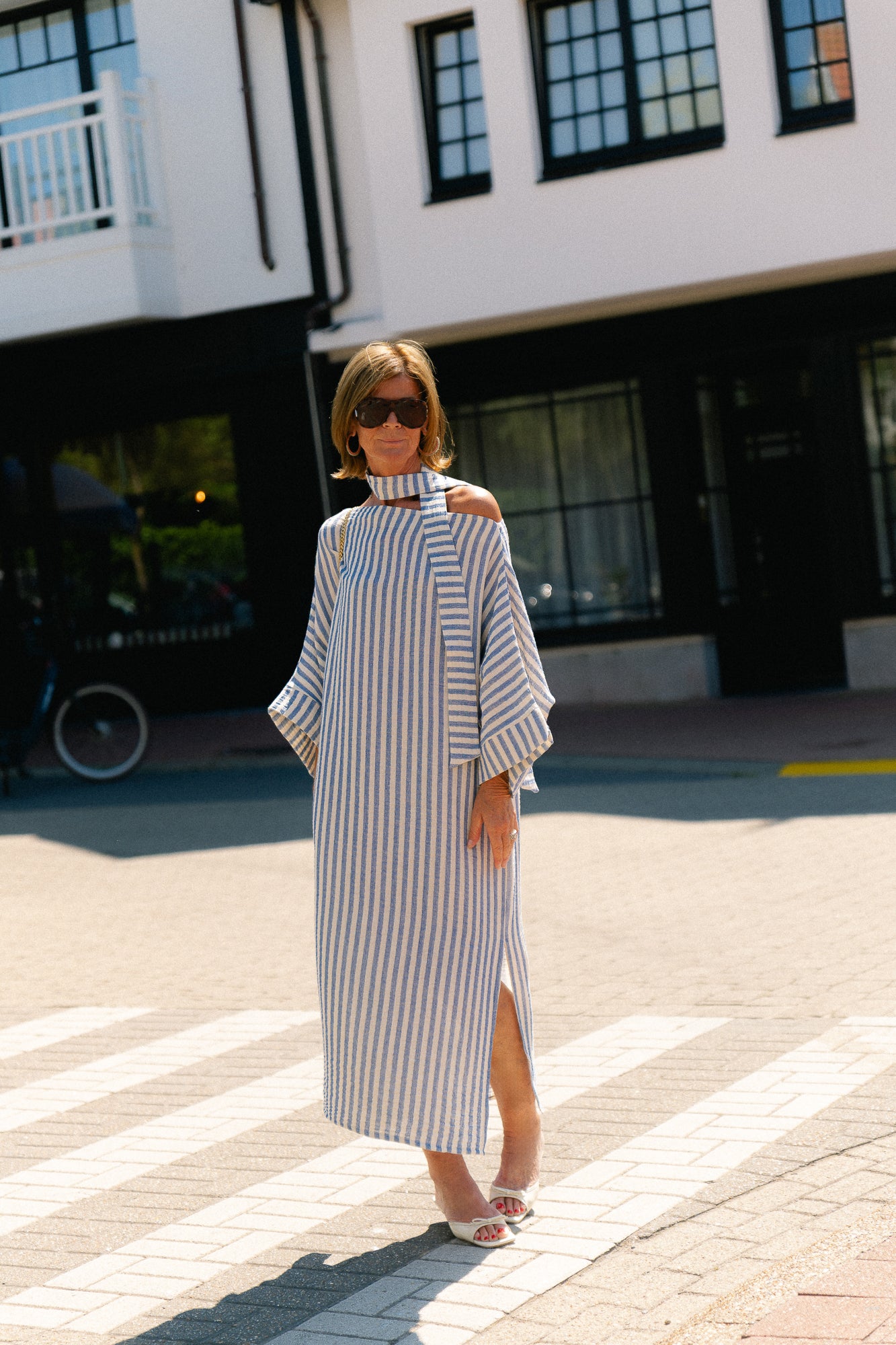 Maelys striped off-shoulder dress ecru/blue