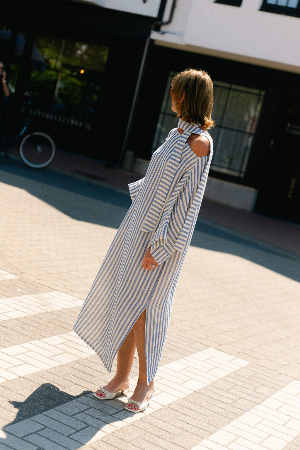 Maelys striped off-shoulder dress ecru/blue