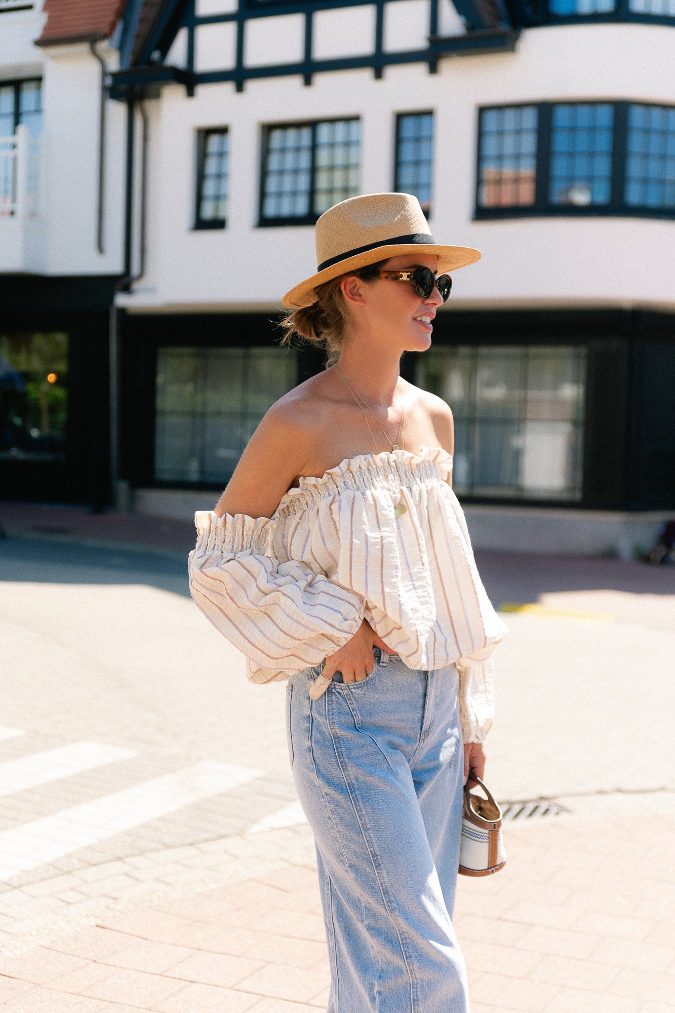 Ophelia off shoulder striped blouse ecru