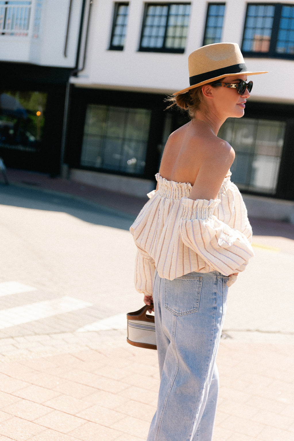 Ophelia off shoulder striped blouse ecru