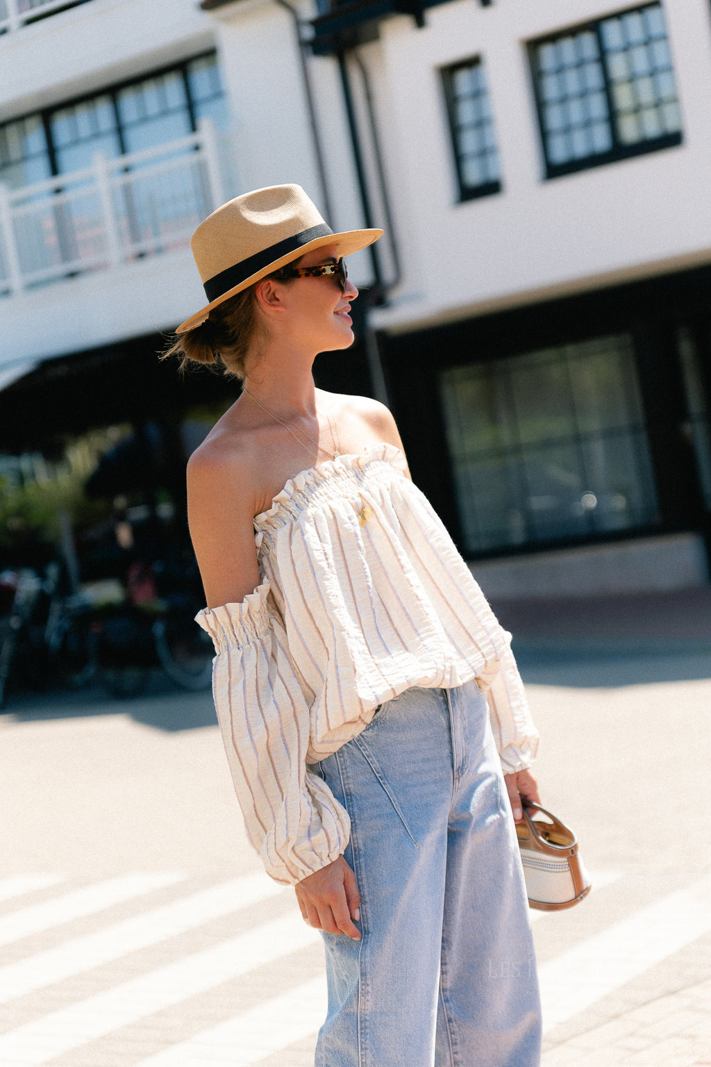 Ophelia off shoulder striped blouse ecru