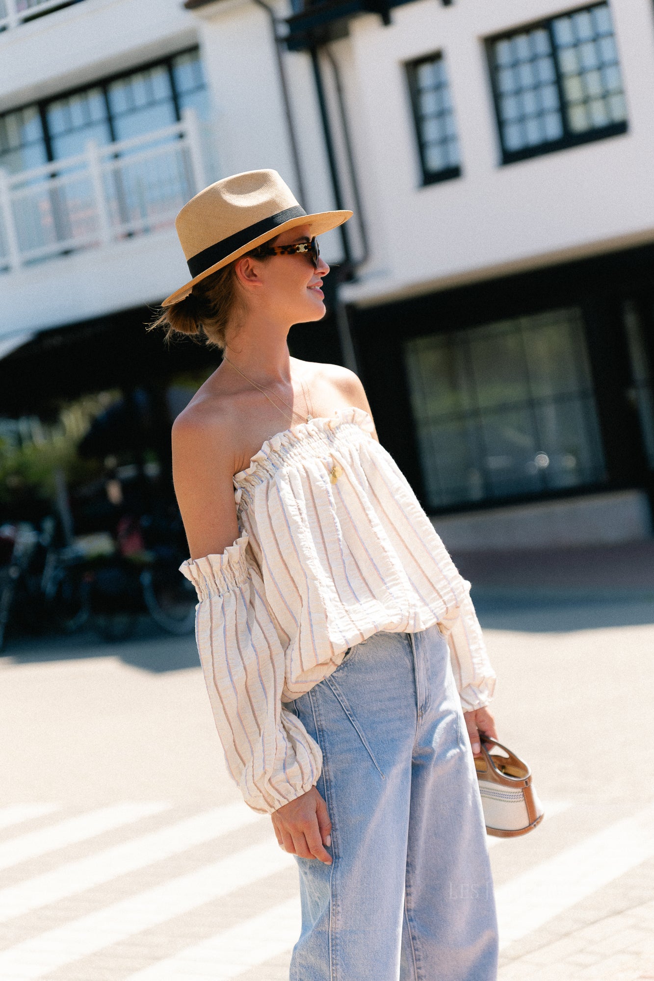 Ophelia off shoulder striped blouse ecru