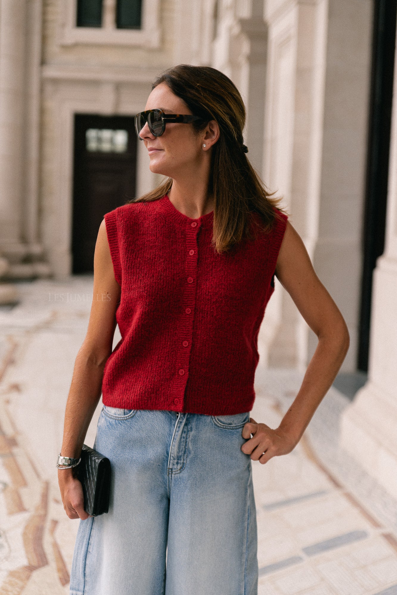 Gilet col rond boutonné SLFLulu SL rouge équestre