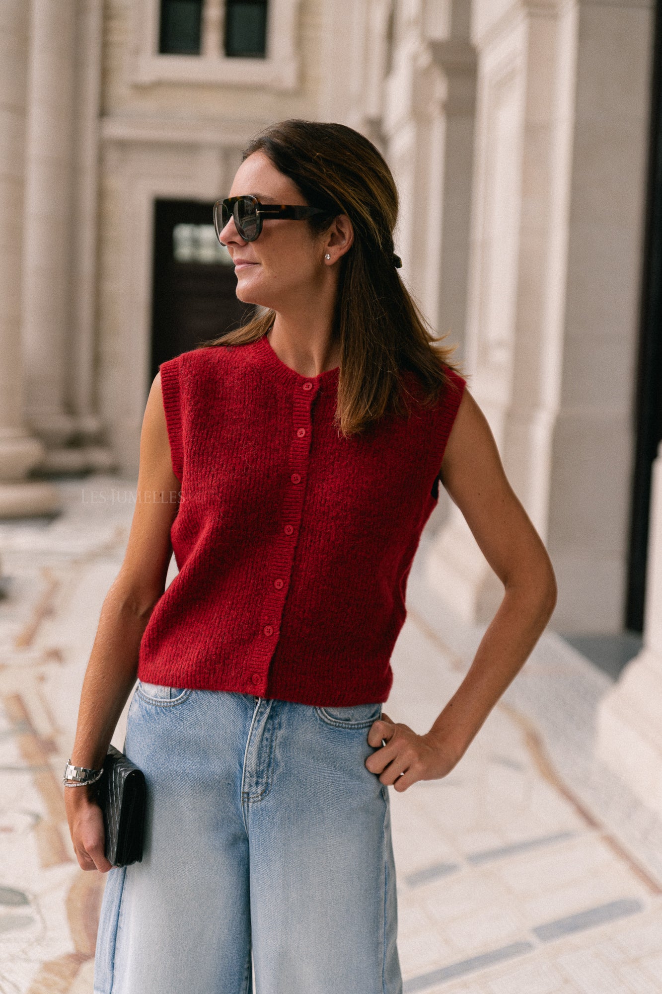 Gilet col rond boutonné SLFLulu SL rouge équestre